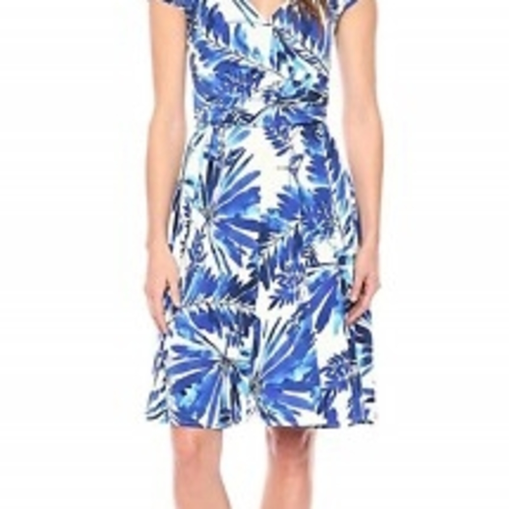 Maggy London Blue and White Palm-Print Wrap Dress